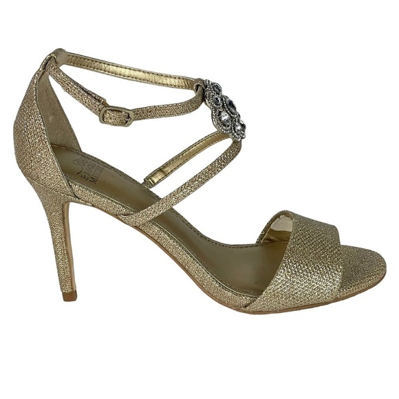 BELLE BY BADGLEY MISCHKA CRYSTAL RHINESTONE MEDALLION METALLIC EVENING SHOE - Picture 2 of 15